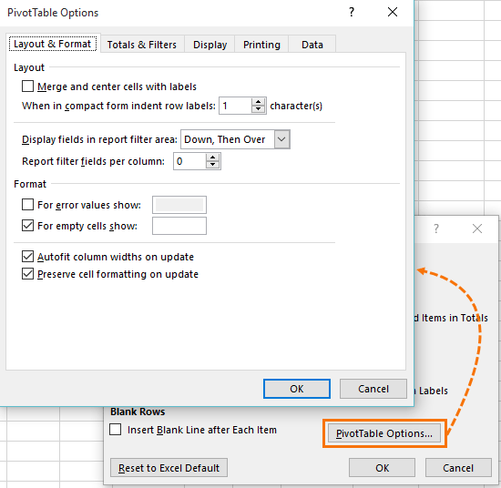 pivottable options