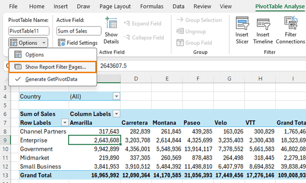 PivotTable Analyse Show Report Filter Pages