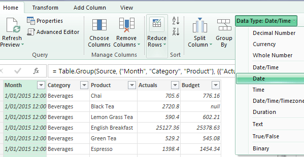 set data types in power query