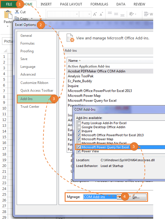 Power Query add-in Excel 2013