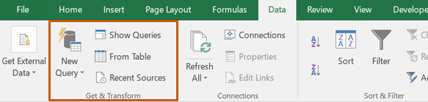 Power Query ribbon Excel 2016