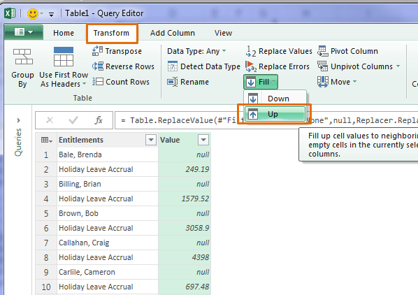 power query fill up