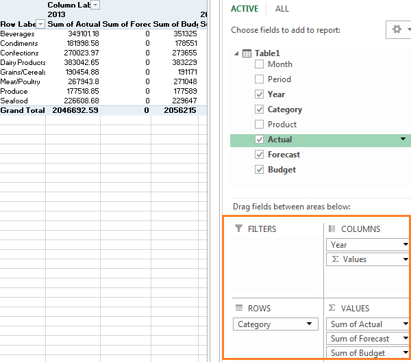 Excel 2013 Power Pivot field list