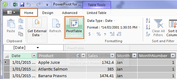 insert power pivot pivottable