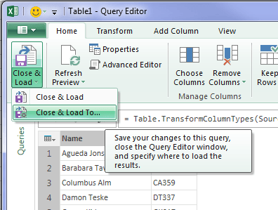 power query close and load to