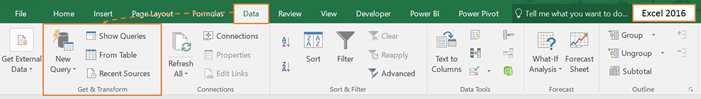 Power Query menu Excel 2016