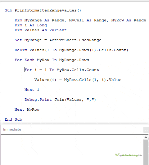 Running VBA code to print formatted values in range