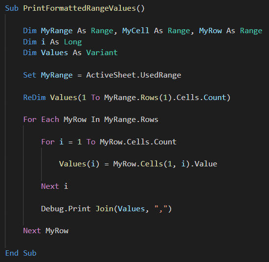 VBA Code to print formatted range values