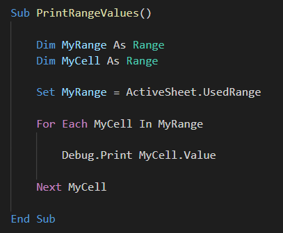 VBA Code to print range values