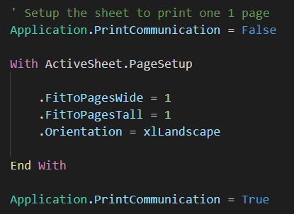 Page setup for printing