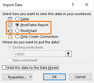 Load query to PivotTable Report or Chart