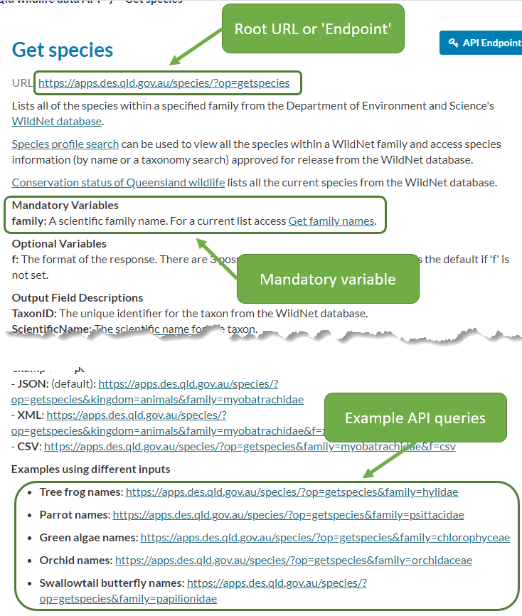 Information on how to get species from API
