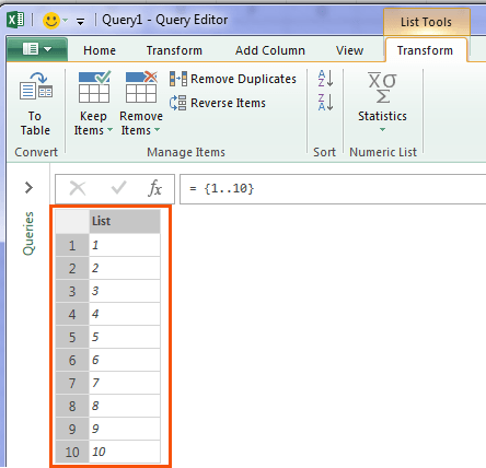 power query lists of numbers from 1 through 10