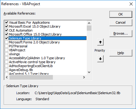 Create reference to SeleniumBasic library