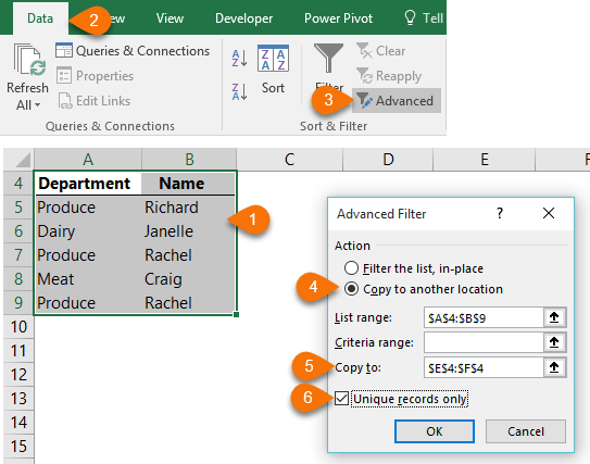 remove duplicates with advanced filter