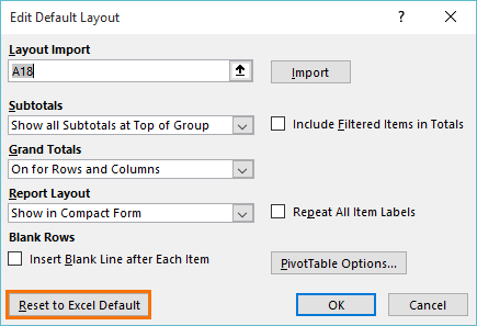 restore Excel default layout