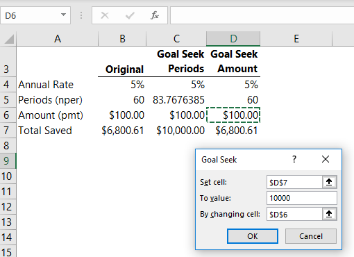 how to use goal seek excel difference in two numbers