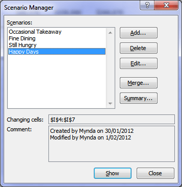 Excel Scenario Manager Dialog