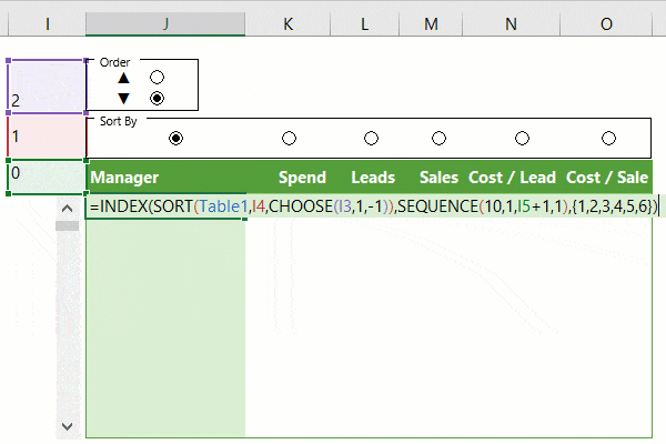 Excel Scroll and Sort Table formula