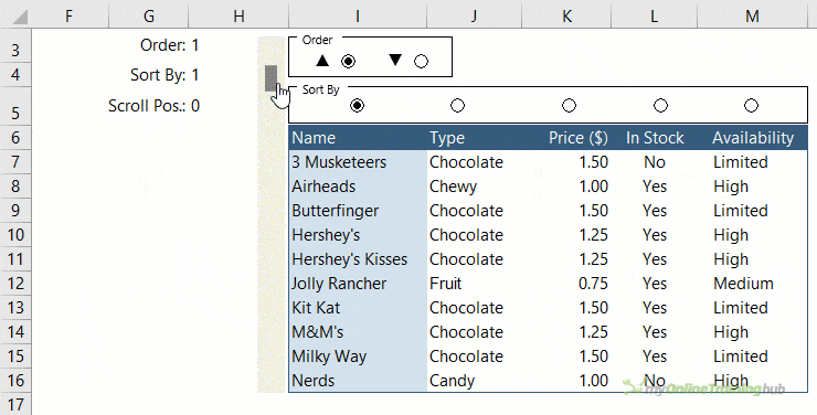 Excel scroll and sort table