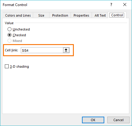 excel form control cell link