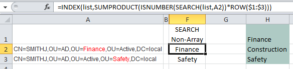 Formula for searching text string for matching word