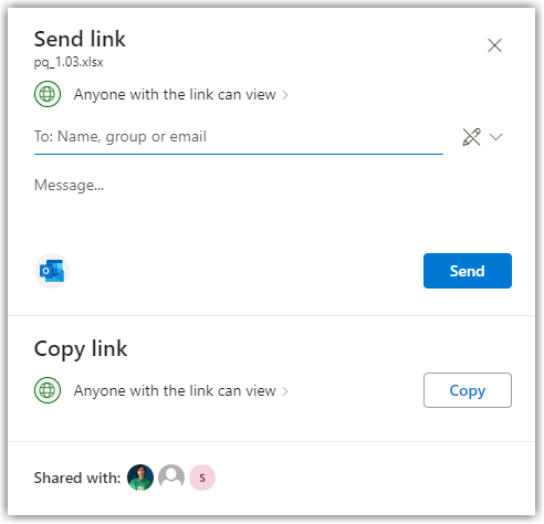 send link settings for sharing an excel file from onedrive or sharepoint