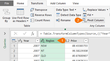 select the region column