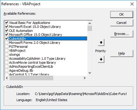 Choosing the add-in to reference