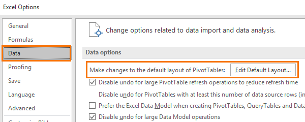 set Excel pivottable default layout