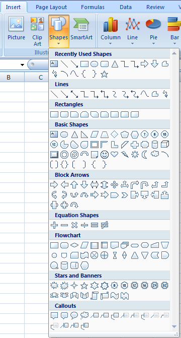 Microsoft Excel Shapes Menu
