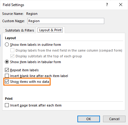 field settings in regular PivotTables