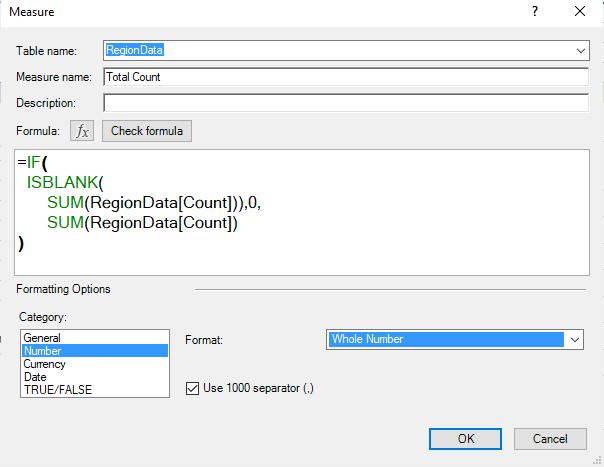 Power Pivot measure dialog box