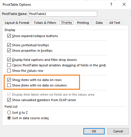 power pivot PivotTable Options