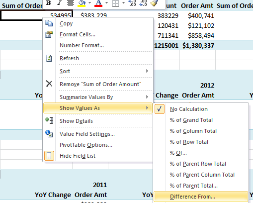 PivotTable show values as difference from