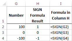 Excel SIGN Function Basic Example