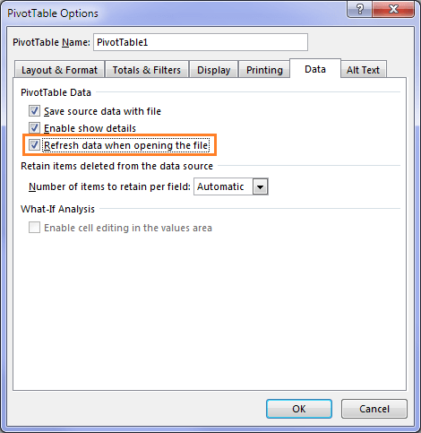 pivottable refresh on file open