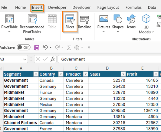 adding slicers from Insert tab of Ribbon