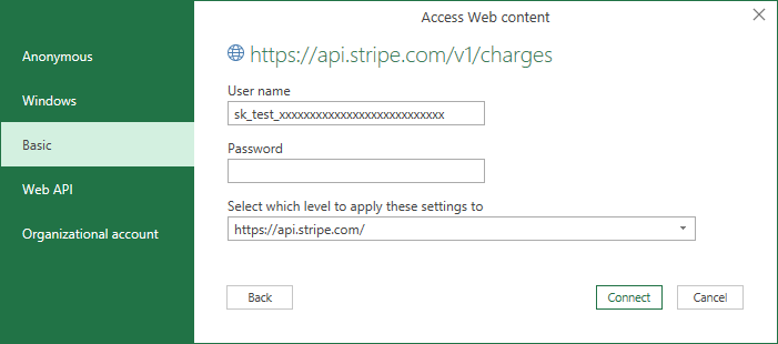 Stripe Basic Authentication in Power Query API Request