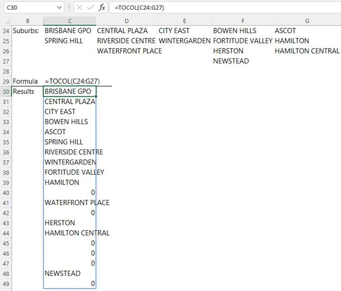 Excel TOCOL Function example 1