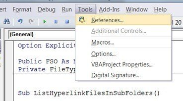 Tools, References in VBA Editor