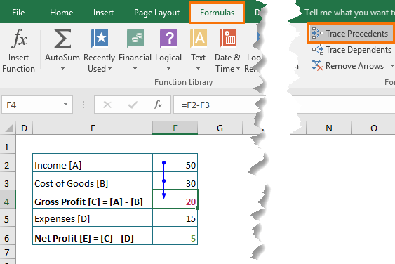 Highlight Cells Referenced in Excel Formulas with trace precedents