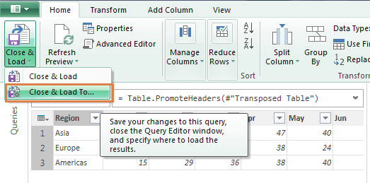 Power Query close and load