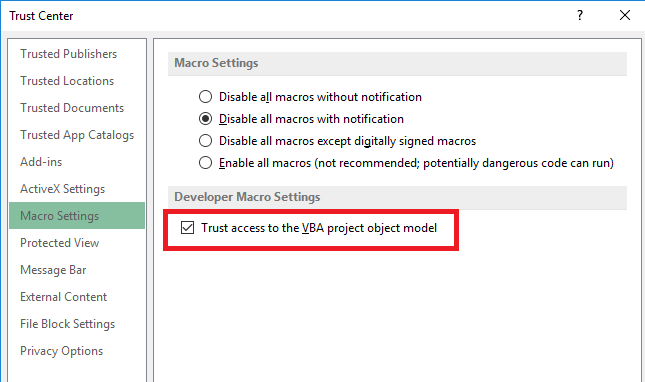 trust center macro settings