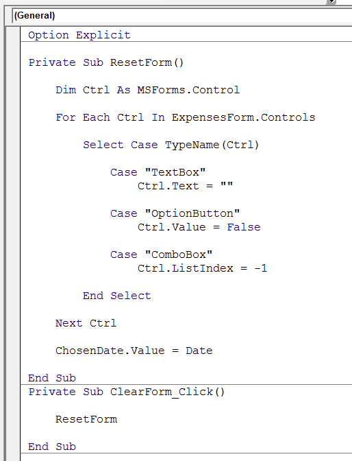 Clear form VBA code