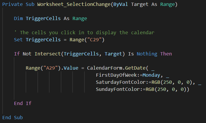 vba code using worksheet event to show calendar when cell clicked