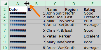 Double headed arrow cursor to autofit columns