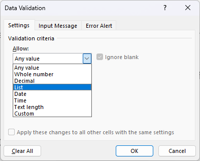 Choose List type of data validation