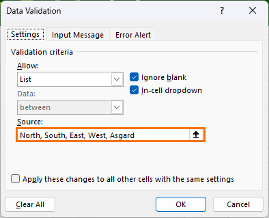 Enter source data for data validation list