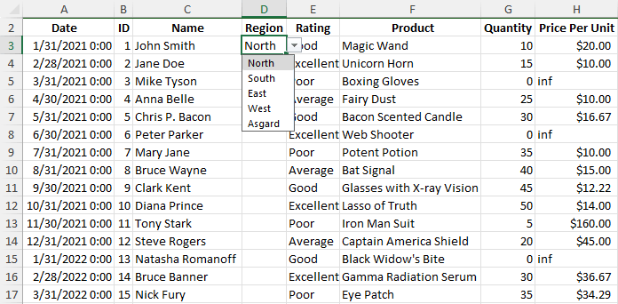 Choose data from data validation list